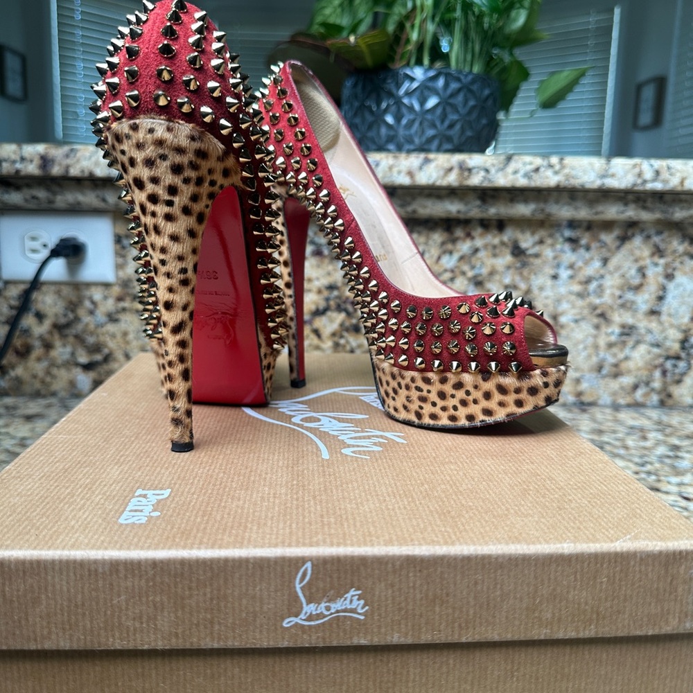 Christian Louboutin Red and Leopard Studded Heels